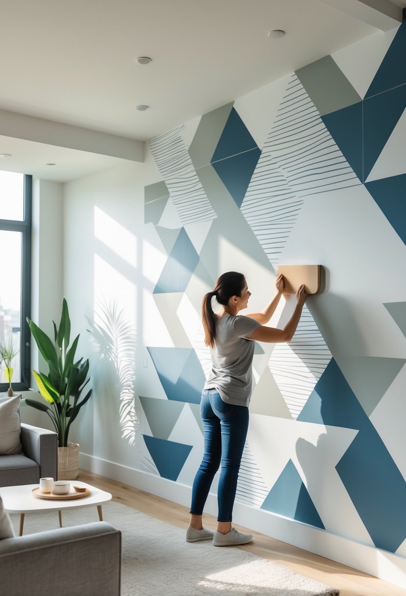 v2 163d6q l5n5m Person applying geometric patterned removable wallpaper on an empty living room wall with furniture and plants around.