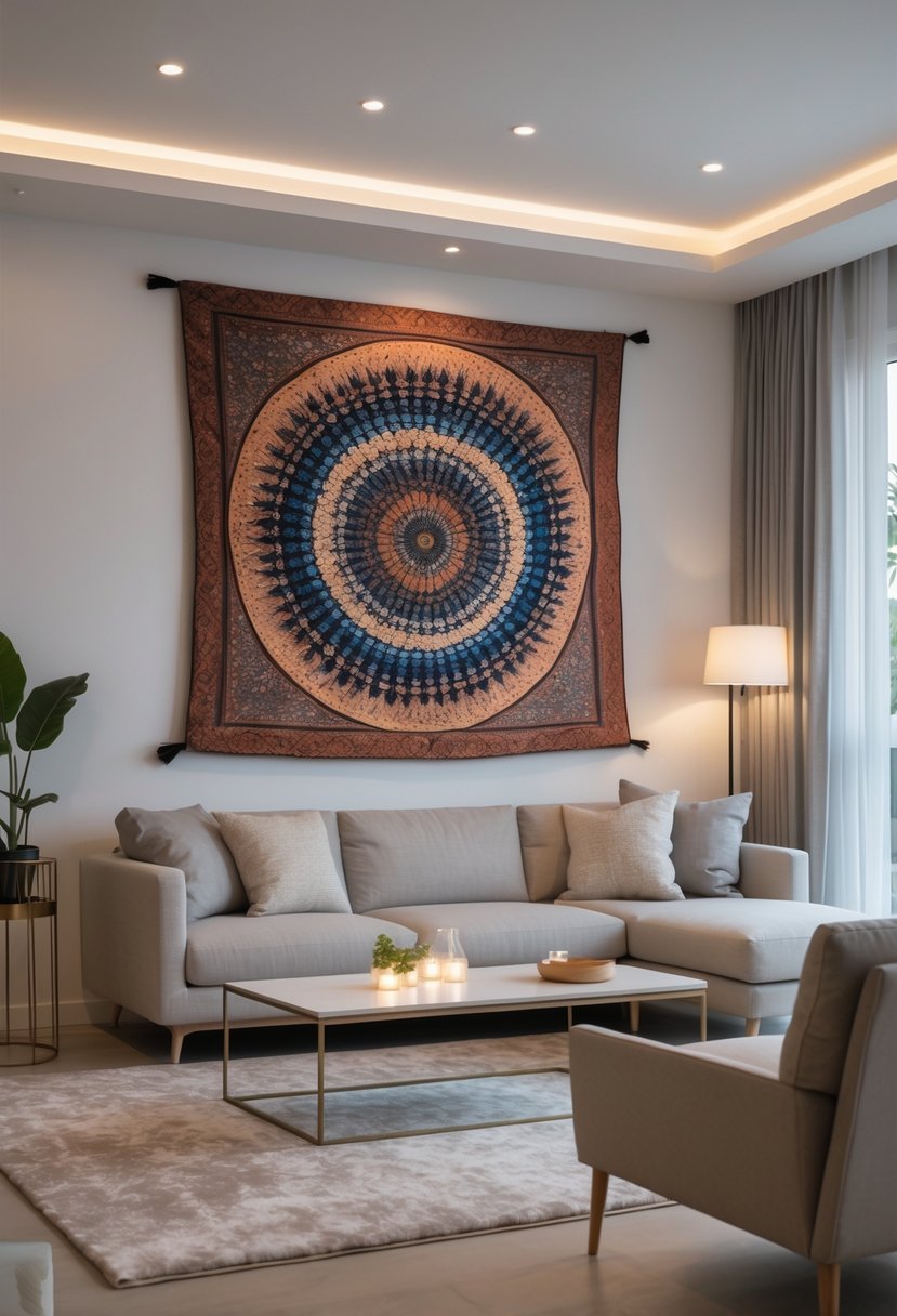 v2 163d74 nqsyg Living room with a large textured wall tapestry hanging on an empty wall above a sofa and coffee table.