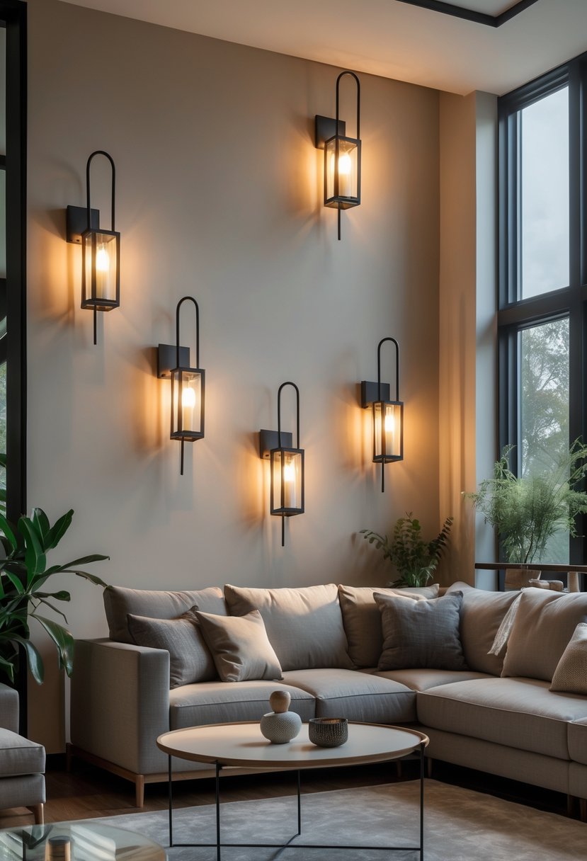 v2 163d7h 8ss8n Living room with multiple wall sconces mounted on an empty wall, a sofa, coffee table, and natural light coming through windows.