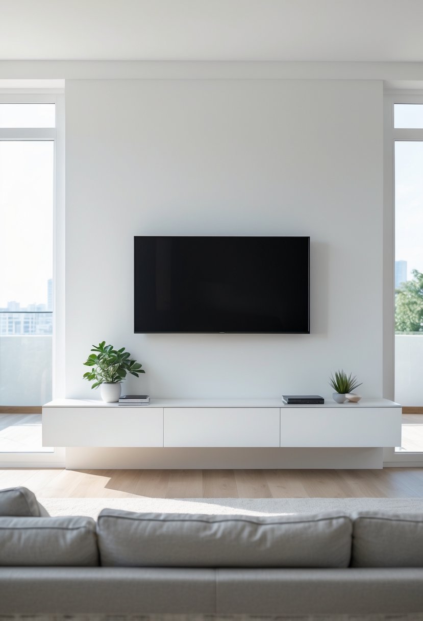 v2 163d7s tz85m Living room with a wall-mounted flat-screen TV above a floating media console and a sofa facing the TV.