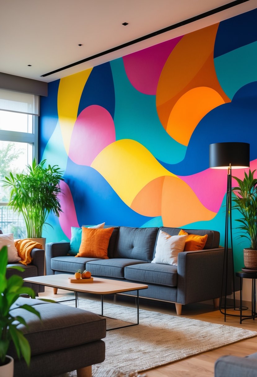 v2 163d86 sfcvi A living room with a large colorful mural on the wall, a sofa, coffee table, and indoor plants.