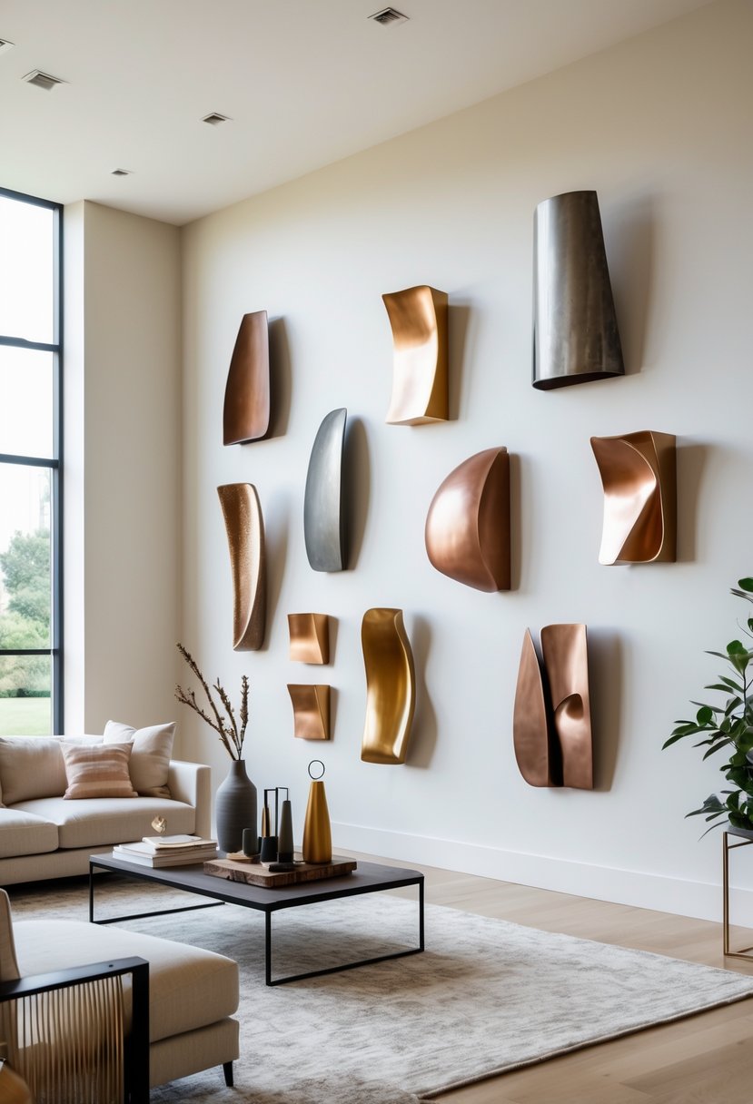 v2 163d8k 4a51v A bright living room with a large empty wall decorated with multiple metal sculptures, a sofa, coffee table, and natural light coming through windows.