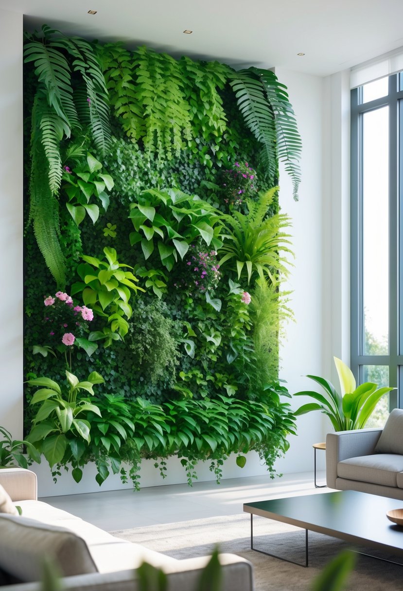 v2 163d8x roelv A modern living room with a large vertical indoor garden covering an empty wall, surrounded by simple furniture and natural light.