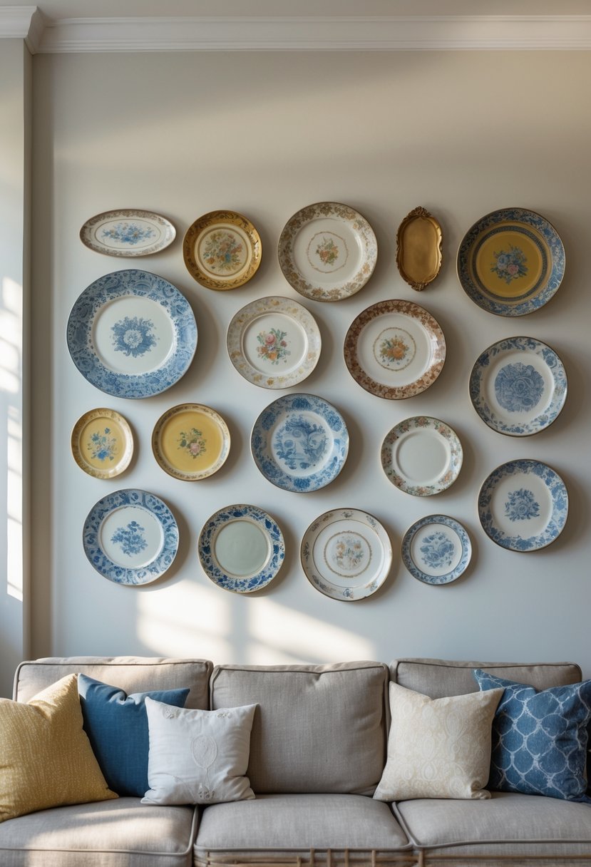 v2 163d9b rknmn A living room wall decorated with a collection of vintage plates and trays arranged in an artistic display.