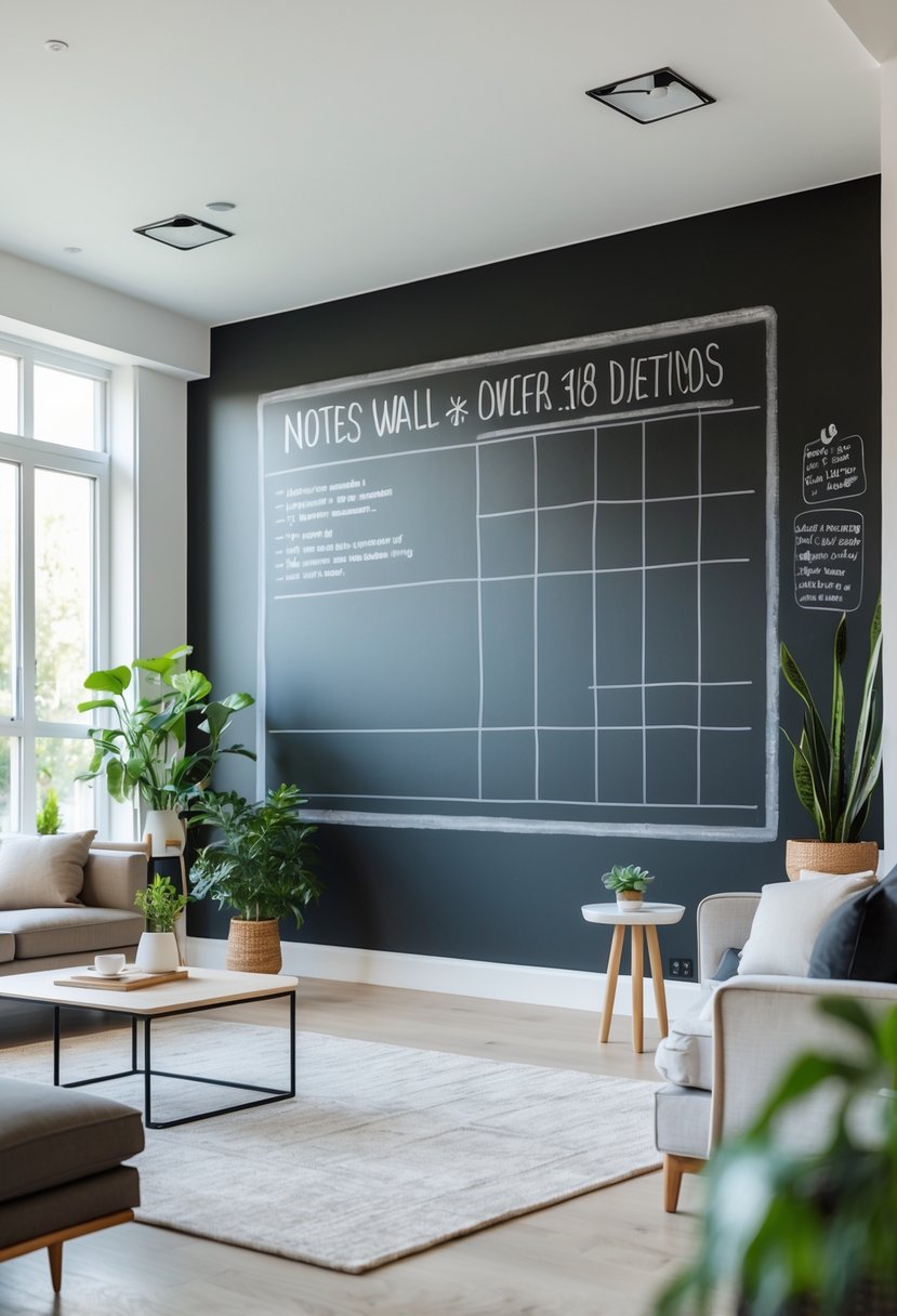 v2 163d9p 4t1ls Living room with a large empty chalkboard or whiteboard wall, modern sofa, coffee table, and indoor plants.