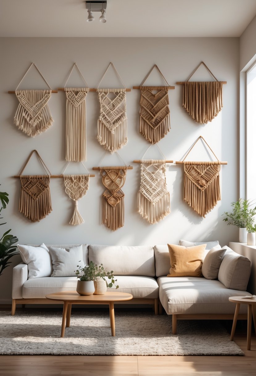 v2 163daf y7wrc Living room with a sofa and coffee table, featuring several macramé and woven art pieces hanging on a large empty wall.