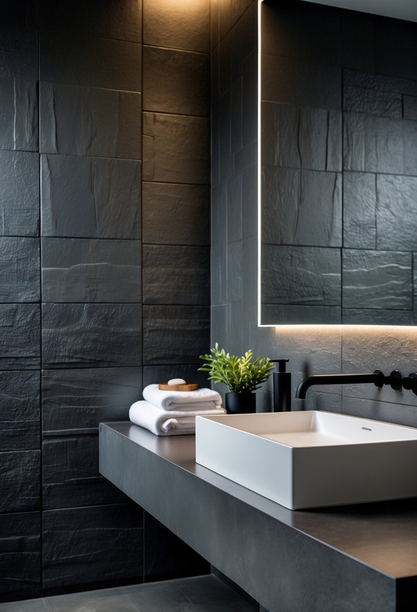 v2 163dfq sz688 A modern bathroom with dark textured gray tiles on the walls, a white sink, black faucet, a mirror, and a small green plant on the countertop.