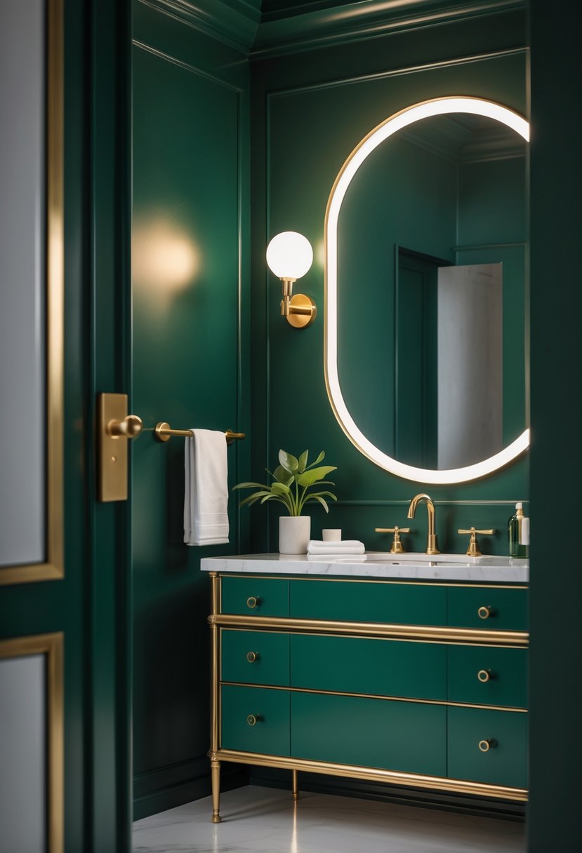 v2 163dg4 44w2l A bathroom with dark emerald green walls and gold hardware, featuring a vanity with a marble countertop and a large mirror.