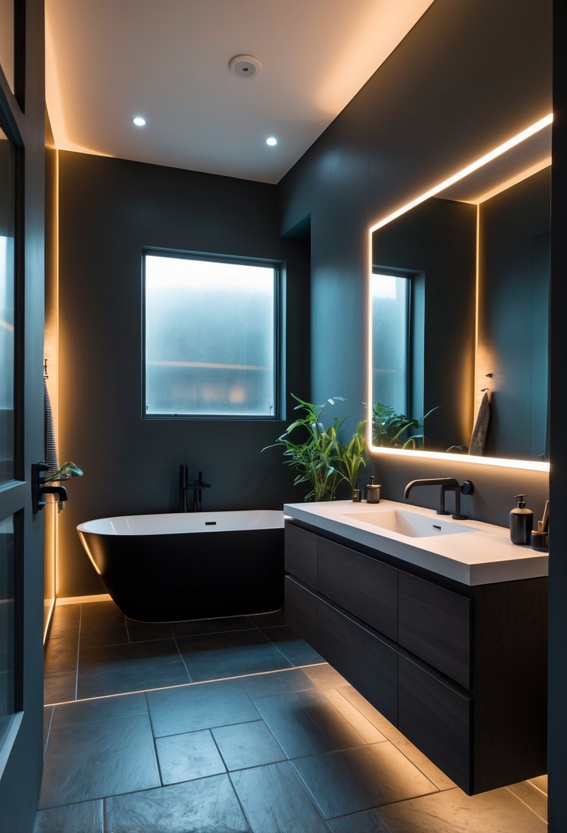 v2 163dgw A modern bathroom with dark walls, a black freestanding bathtub, a dark wood vanity with a white countertop, and warm soft lighting.