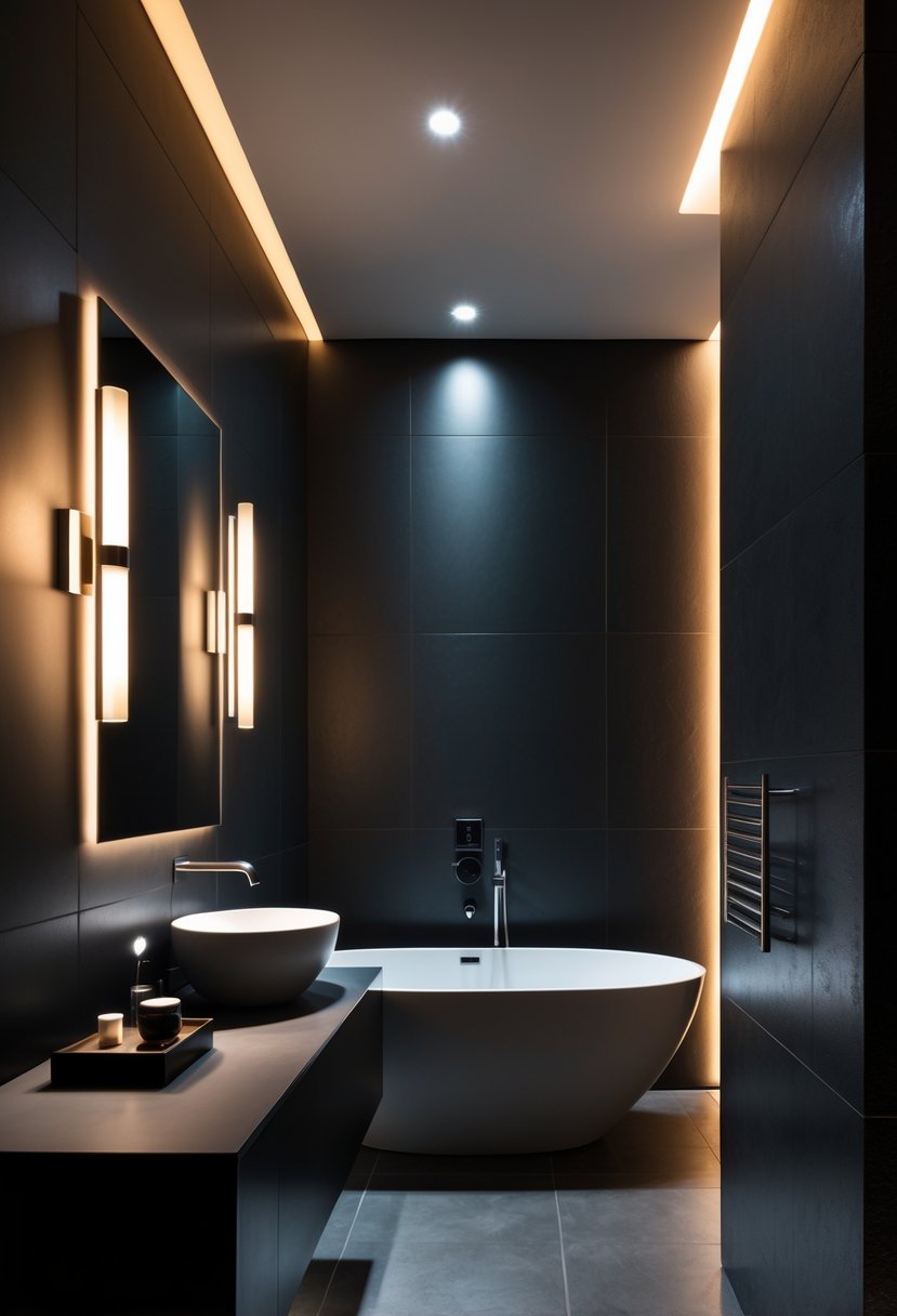 v2 163dif vqb4i A modern bathroom with dimmable wall sconces and recessed lights creating a warm, moody atmosphere around a bathtub and vanity.