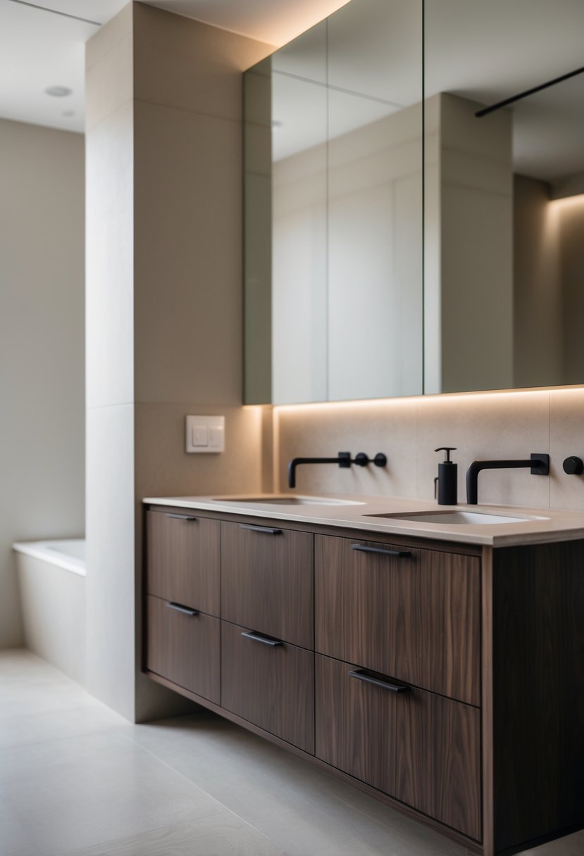 v2 163diu 7mceq A bathroom with a dark wooden vanity featuring matte black handles.