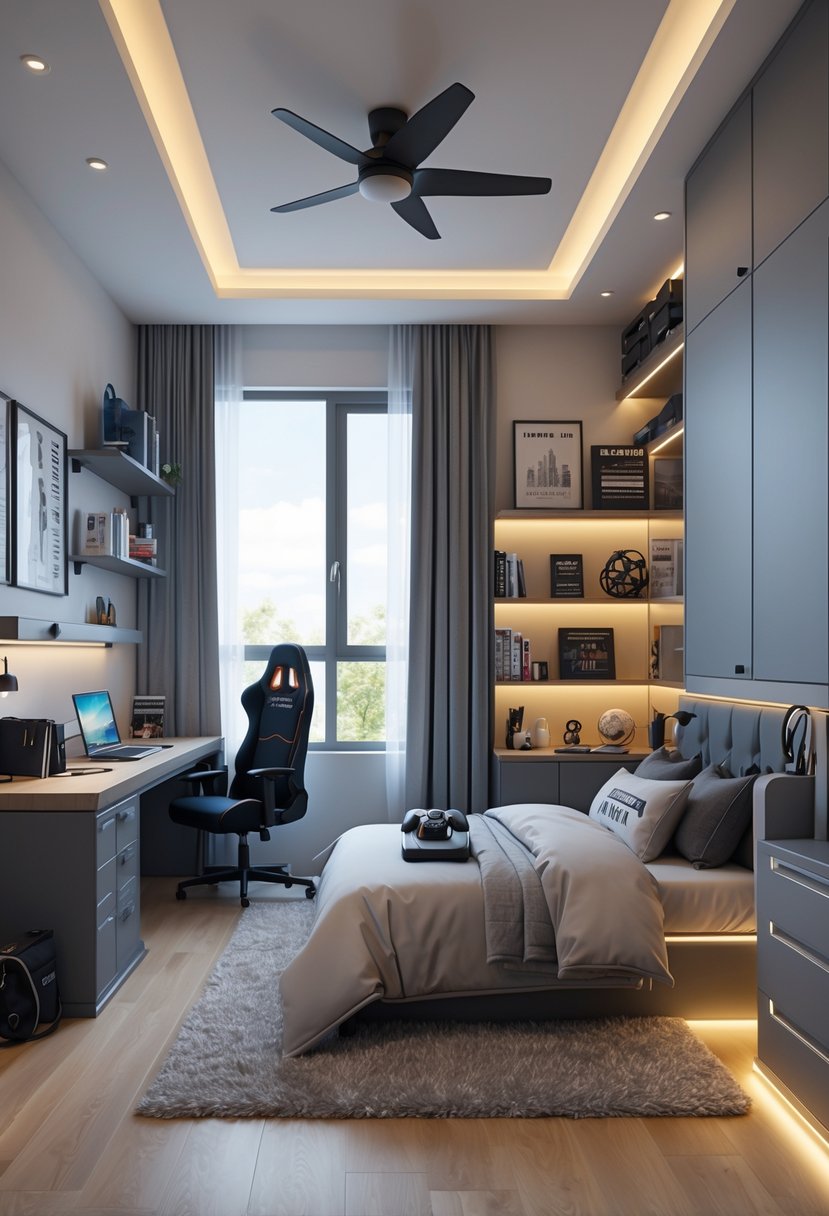 v2 163e5d kpu39 1 A tidy teenage boy's bedroom with a bed, desk, shelves, and window letting in daylight.