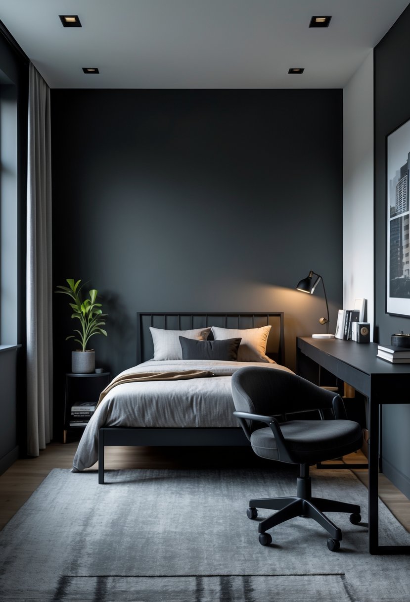 v2 163e65 3fqub 1 A bedroom with dark gray walls and black furniture, including a bed and a desk with a chair.