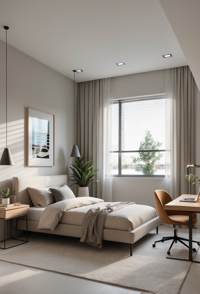 v2 163e6k r82tk 1 A tidy teenage male bedroom with a bed, desk, chair, window, and minimal decorations.