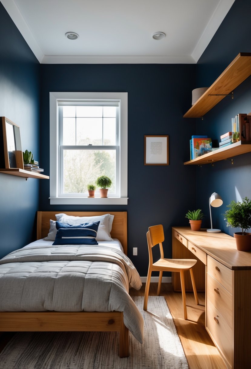 v2 163e6y f33jb 1 A teenage boy's bedroom with navy blue walls and wooden furniture including a bed, desk, and shelves.