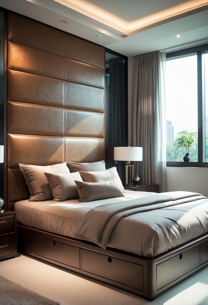v2 163e7a 3al7k 1 A neatly made bed with a leather headboard that has built-in storage drawers in a tidy male bedroom.