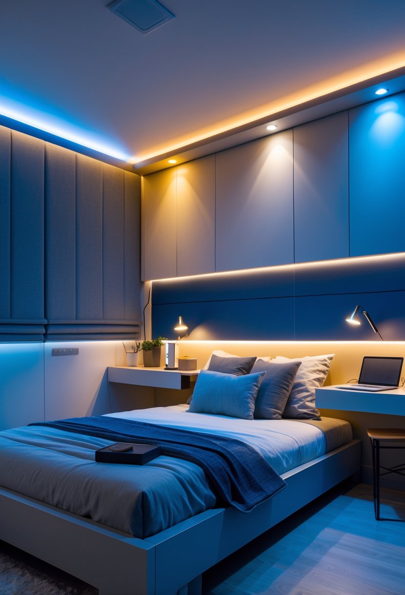 v2 163e8k 476ee 1 A modern teenage boy's bedroom with adjustable smart lighting showing warm and cool tones, a bed, desk with laptop, and ambient LED lights.