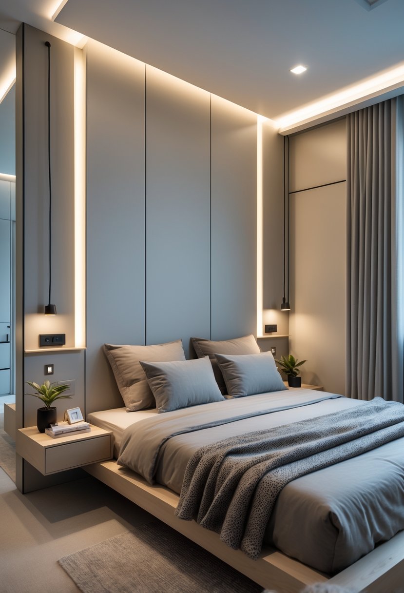 v2 163e8x o0tts 1 A modern male bedroom with floating nightstands on either side of the bed, showing open floor space beneath them and simple, neat decor.