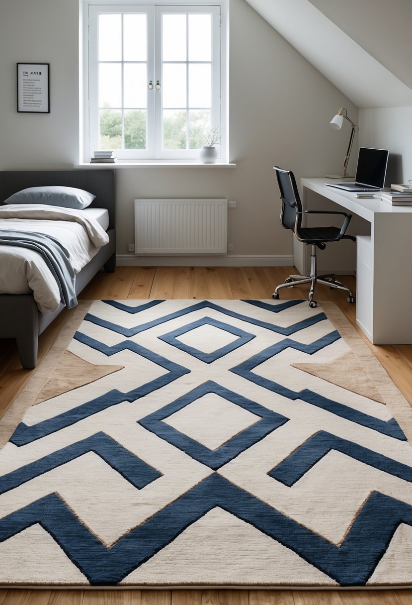 v2 163e9b dnpqp 1 A teenage boy's bedroom with a large geometric patterned area rug on the floor, a bed, desk, and window letting in natural light.