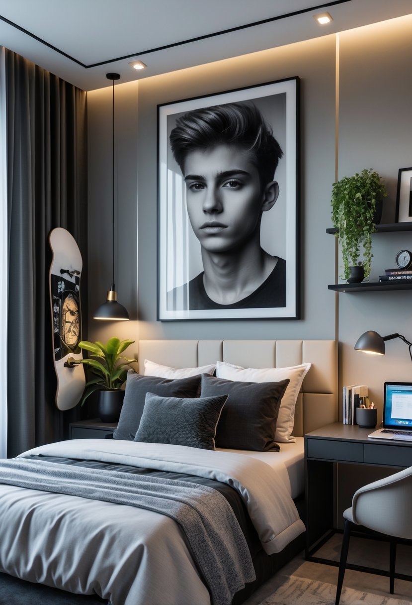 v2 163e9o 8mk99 1 A teenage boy's bedroom with a large black-and-white photograph on the wall, a neatly made bed, a desk with study materials, and personal items like a skateboard and a potted plant.