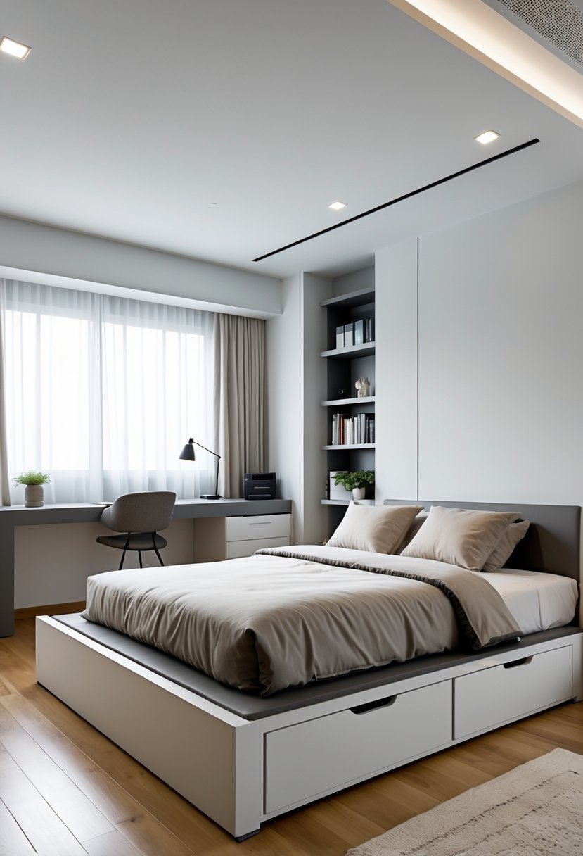 v2 163ea3 9etws 1 A teenage boy's bedroom with a platform bed that has under-bed storage drawers, a desk, bookshelf, and natural light coming through a window.