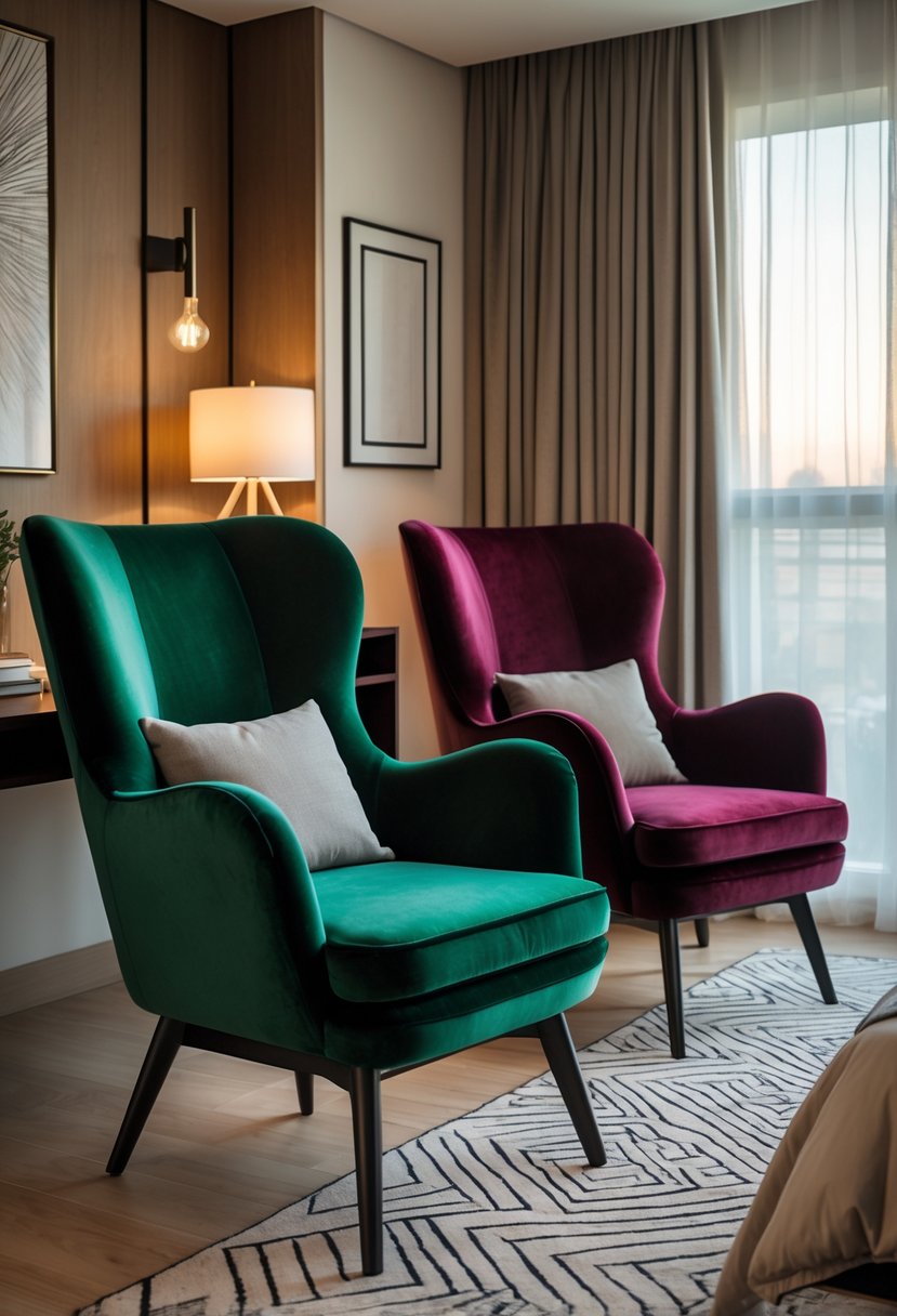 v2 163eal 9434a 1 A male bedroom with two velvet accent chairs, one deep green and one burgundy, near a desk and a bed with neutral bedding.