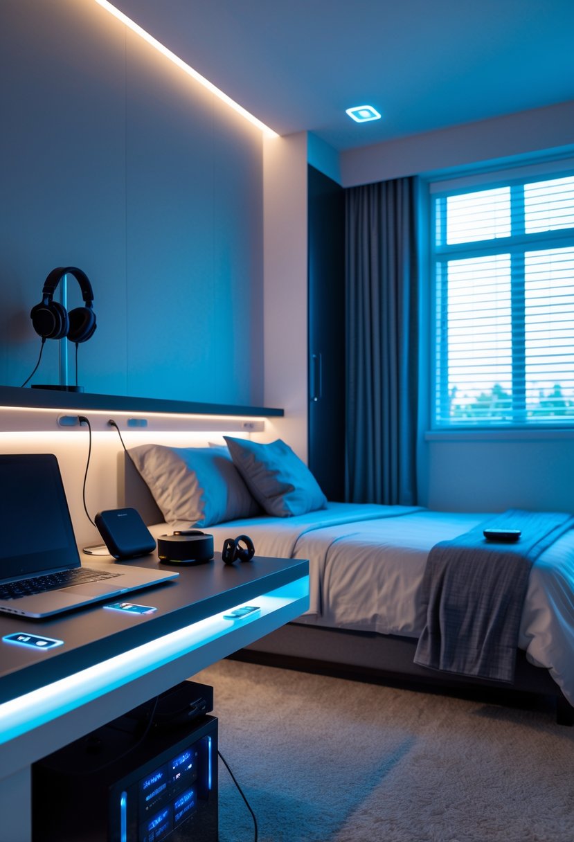 v2 163eaz 5qdsp 1 A teenage boy's bedroom with a desk featuring built-in charging stations for electronic devices, a bed, and gaming accessories.