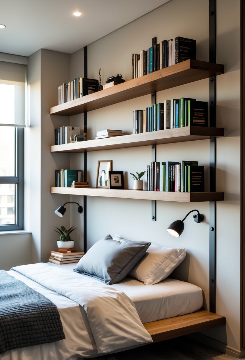 v2 163ebp xsujx 1 A male bedroom with wall-mounted bookshelves holding books and decor above a bed.