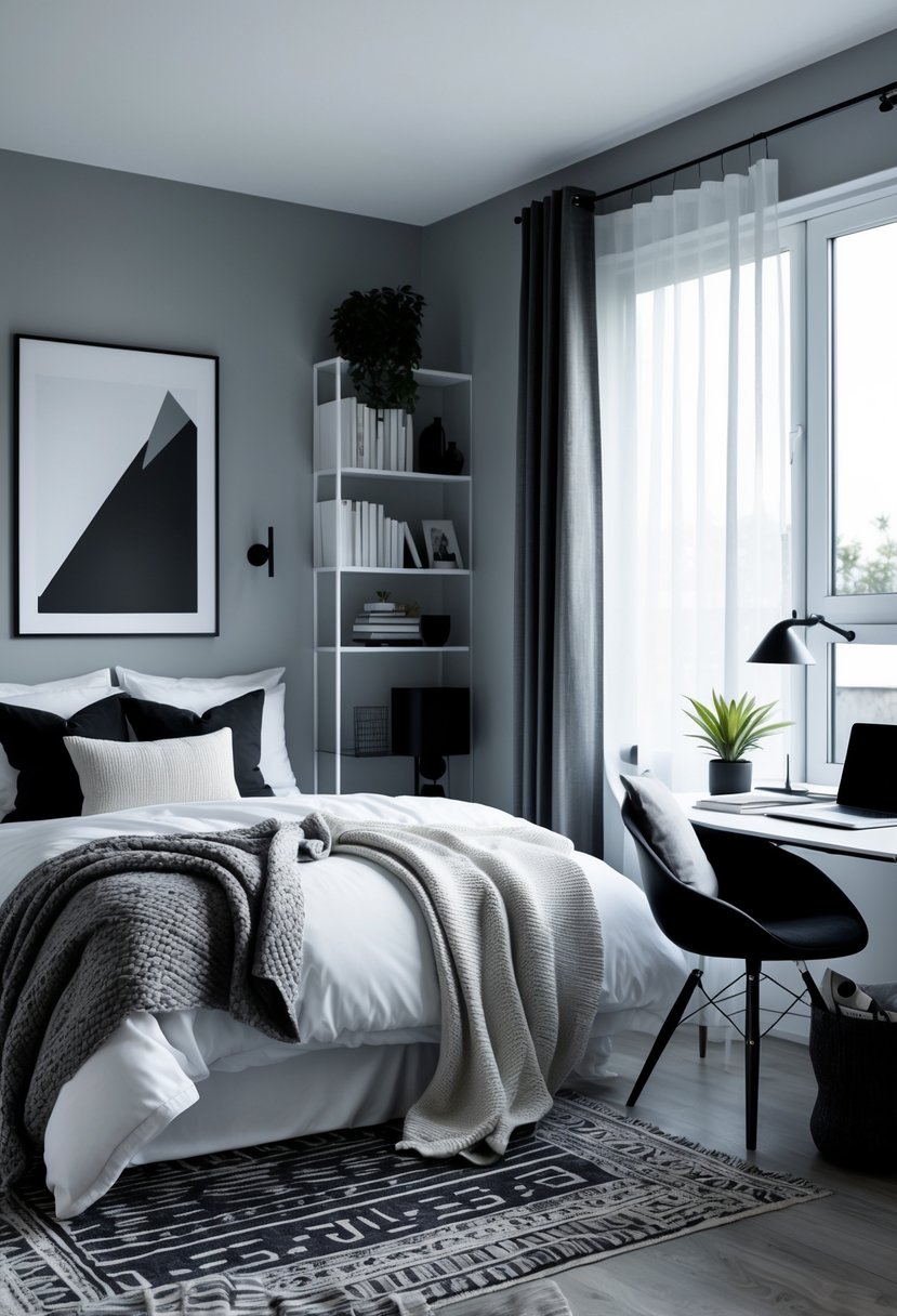 v2 163ec3 ya77o 1 A teenage boy's bedroom with a bed, desk, chair, bookshelf, and window with natural light.