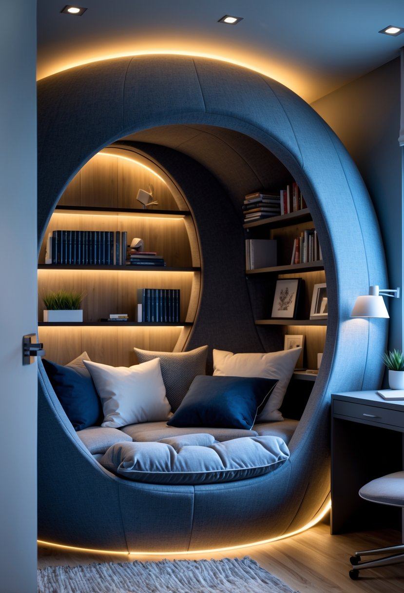 v2 163eci zyxjo 1 A cozy rounded reading nook with layered lighting inside a teenage boy's bedroom, featuring a cushioned seat, pillows, bookshelf, and a desk.