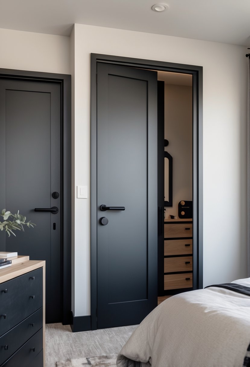 v2 163ecw znbdv 1 A male bedroom with a dresser and door featuring matte black hardware, a neatly made bed, and minimalistic decor.