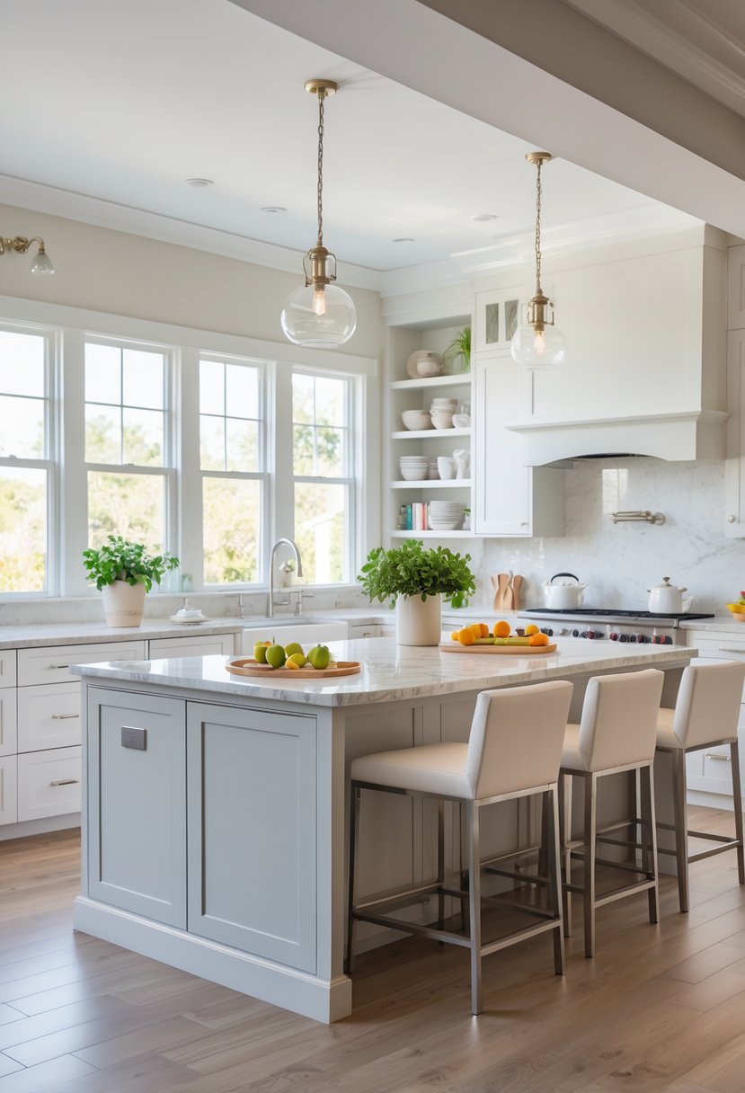 v2 163end wrrsn A bright kitchen with a large marble island, bar stools, stainless steel appliances, and natural light from windows.