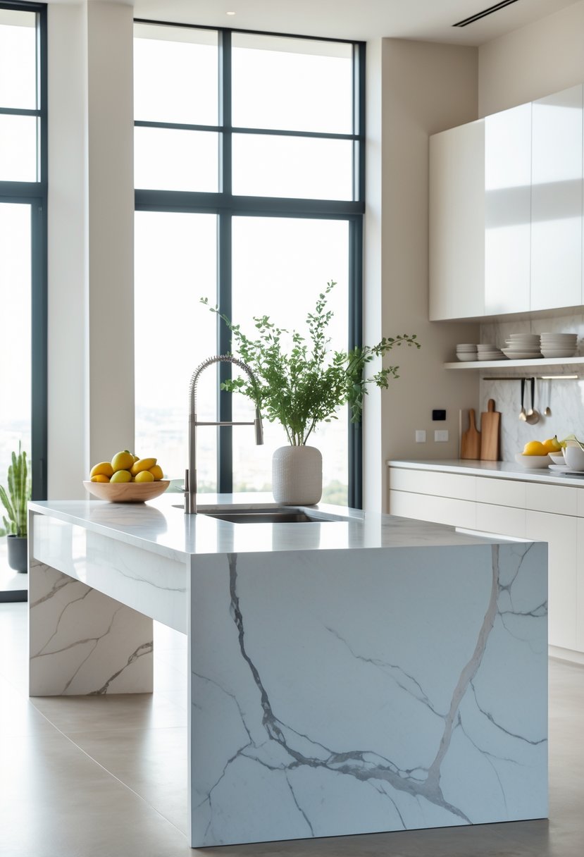 v2 163enr pmjlm A modern kitchen with a large island featuring a white marble waterfall edge countertop, surrounded by cabinets and appliances.