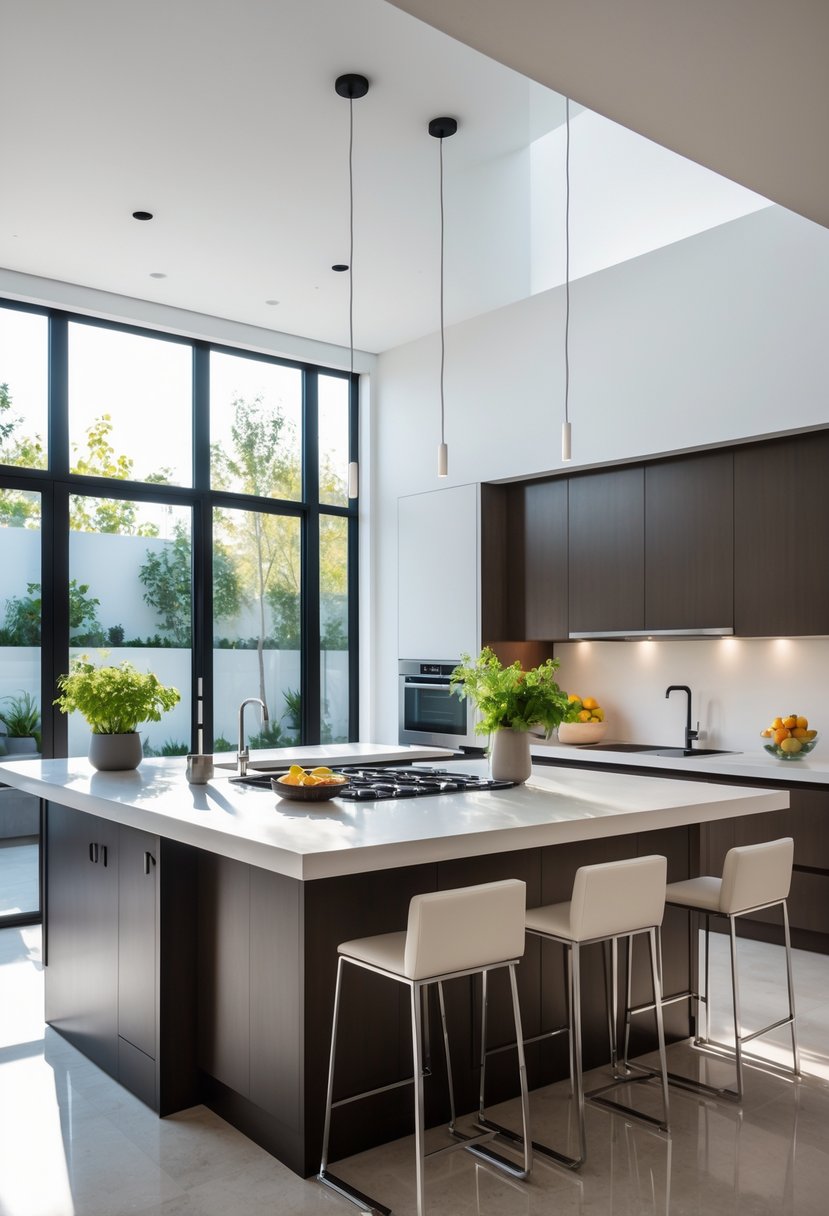 v2 163eoi un639 A modern kitchen with a two-level island featuring a cooking area with stove and sink on the lower level and a dining bar with stools on the upper level.