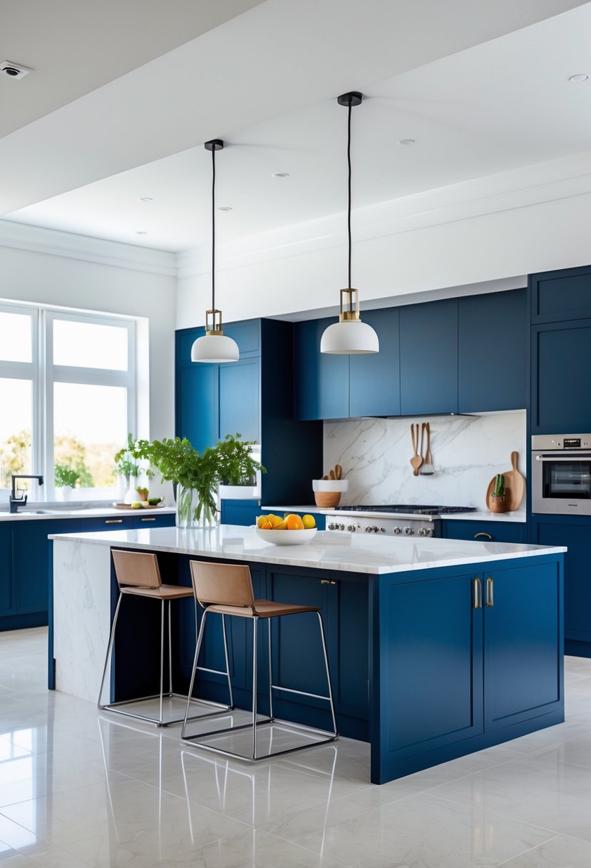 v2 163epd 6jffm A modern kitchen with a large island featuring bold blue cabinets and a white countertop, surrounded by bar stools and natural light from windows.