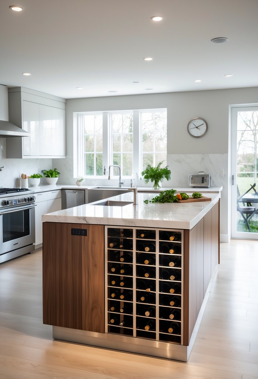 v2 163epr 0bfya A modern kitchen with a large island featuring a built-in wine rack holding wine bottles, surrounded by stainless steel appliances and natural light.