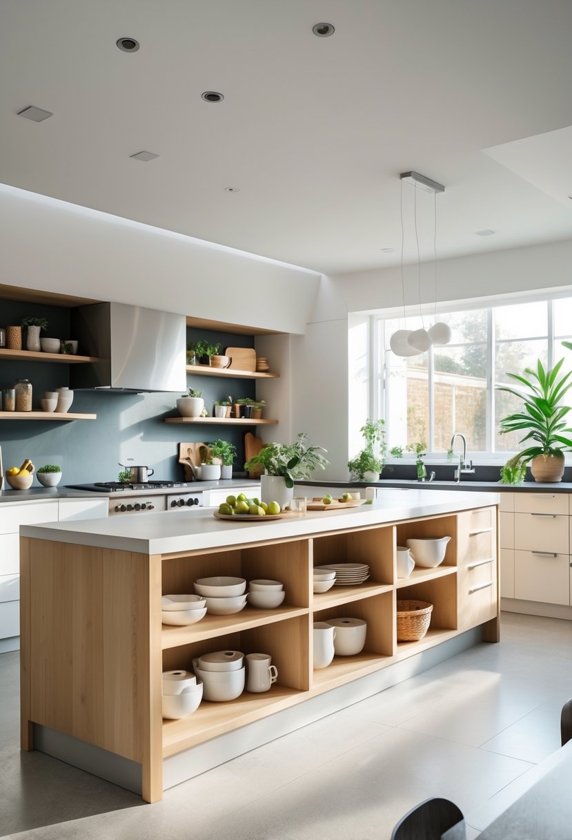 v2 163eqk 0olub A modern kitchen with a central island that has drawers and open shelves, surrounded by kitchen appliances and natural light.