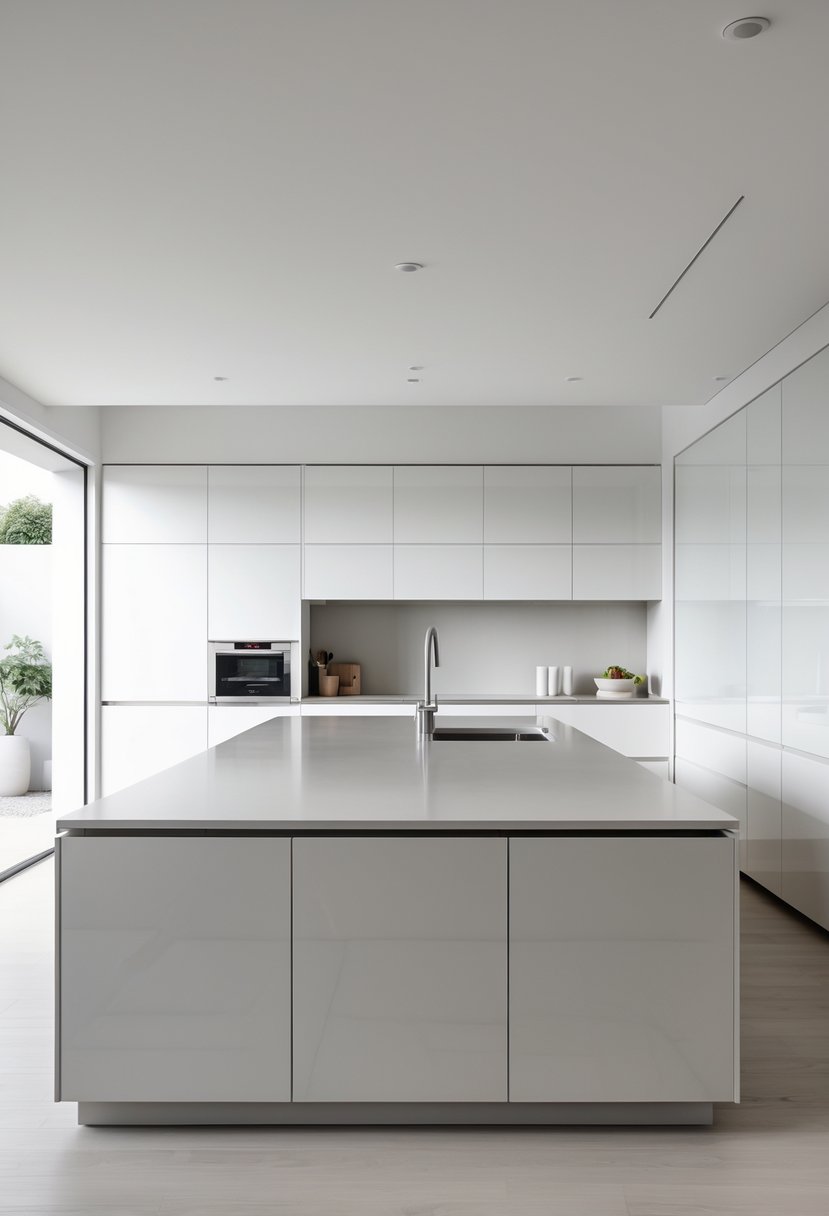 v2 163eqy fc638 A modern kitchen with a minimalist island and handleless cabinets under bright natural light.