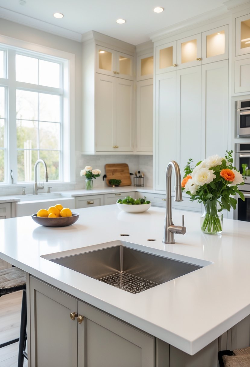 v2 163erc 8ief8 A modern kitchen with a large island featuring a built-in prep sink and surrounding bar stools.