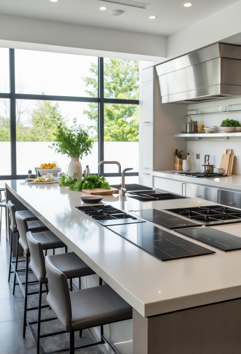 v2 163ero 1bhs8 A large kitchen island with multiple cooking stations, bar stools, and modern appliances in a bright kitchen.