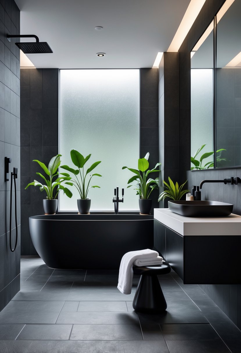 A modern bathroom with black walls, a black bathtub, black vanity, green plants, and natural light coming through a window.