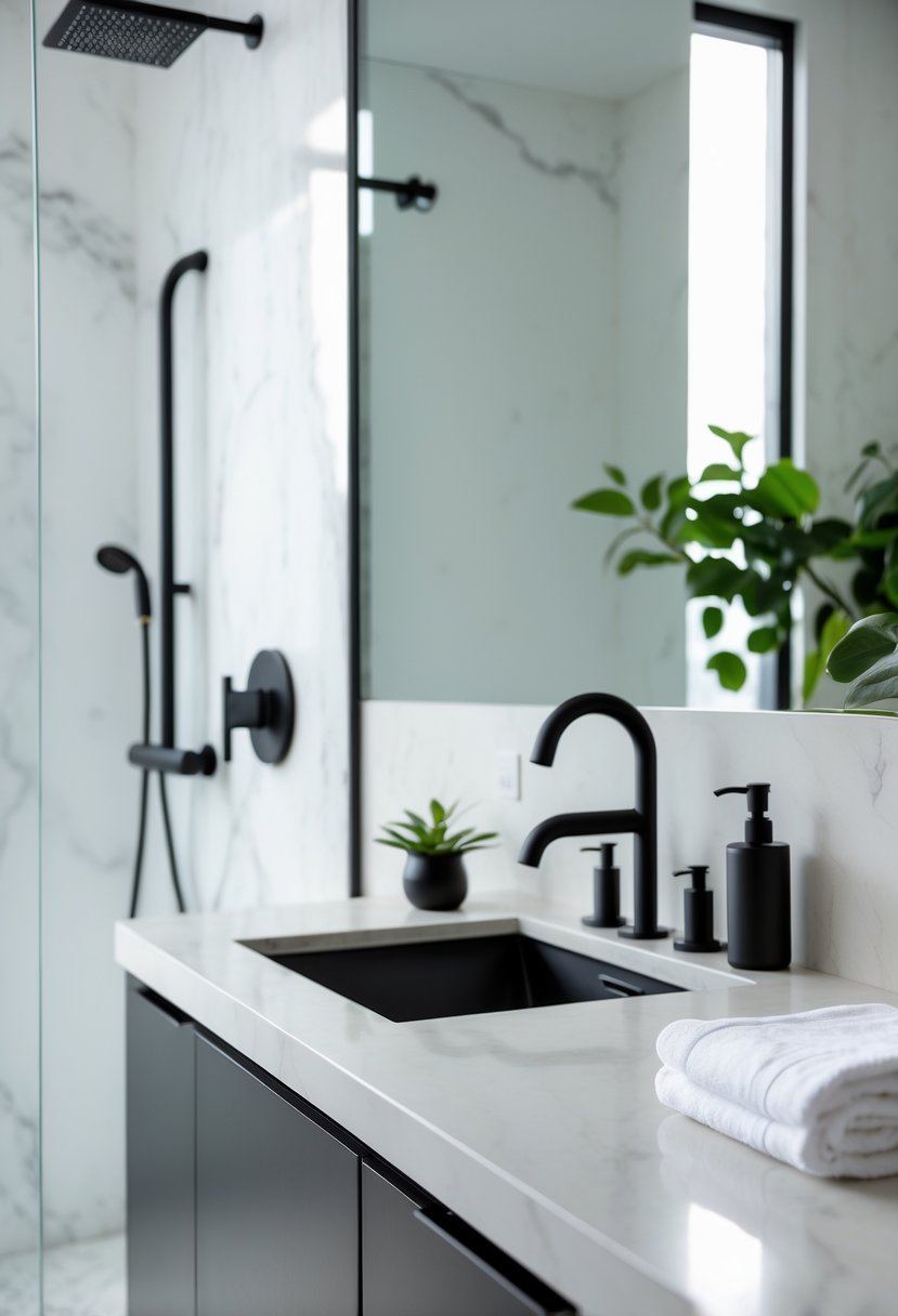 A modern bathroom with matte black fixtures including a faucet and showerhead, light-colored walls, and a small green plant on the countertop.