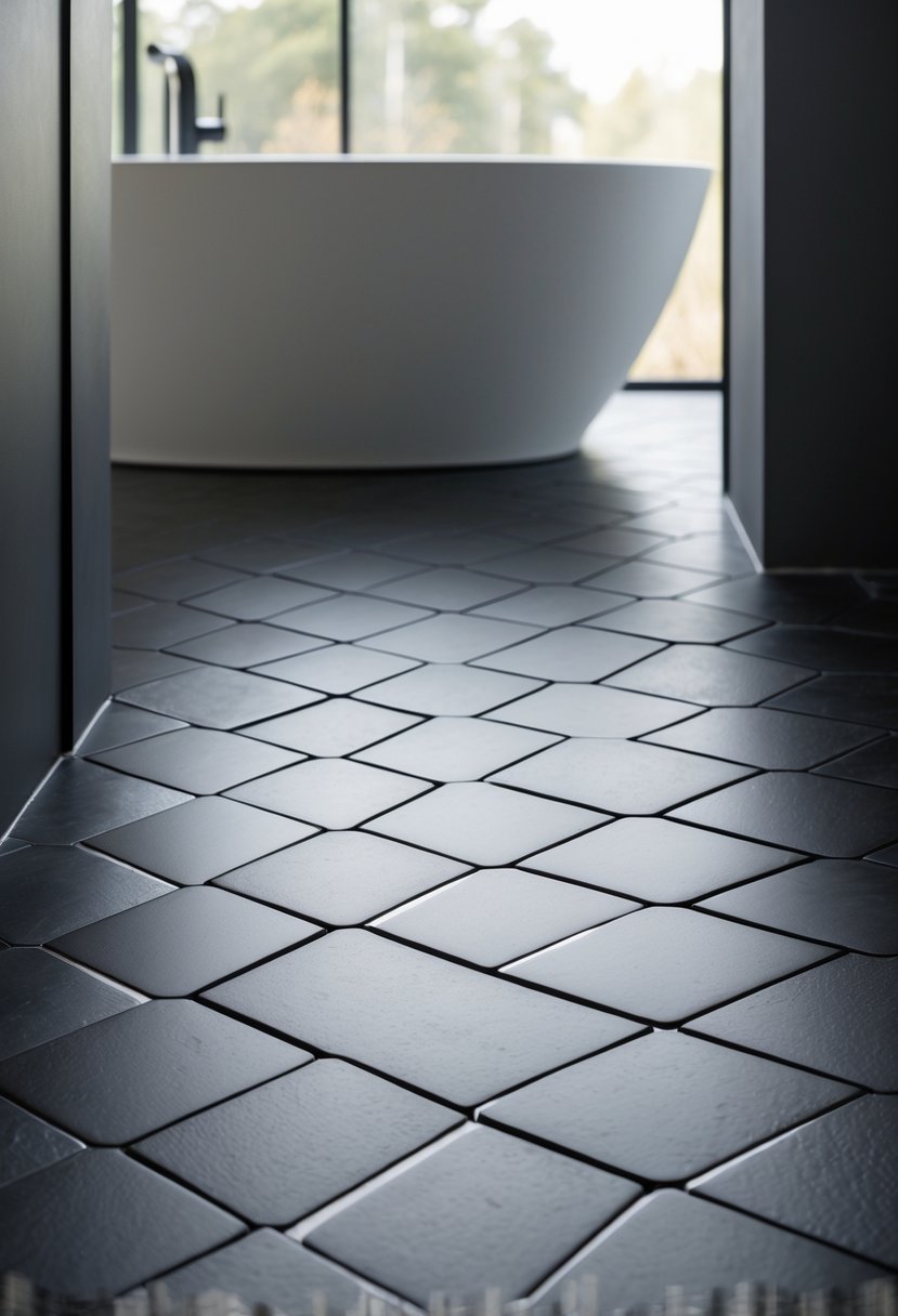 Close-up view of a bathroom floor with black hexagonal tiles arranged in a neat pattern.