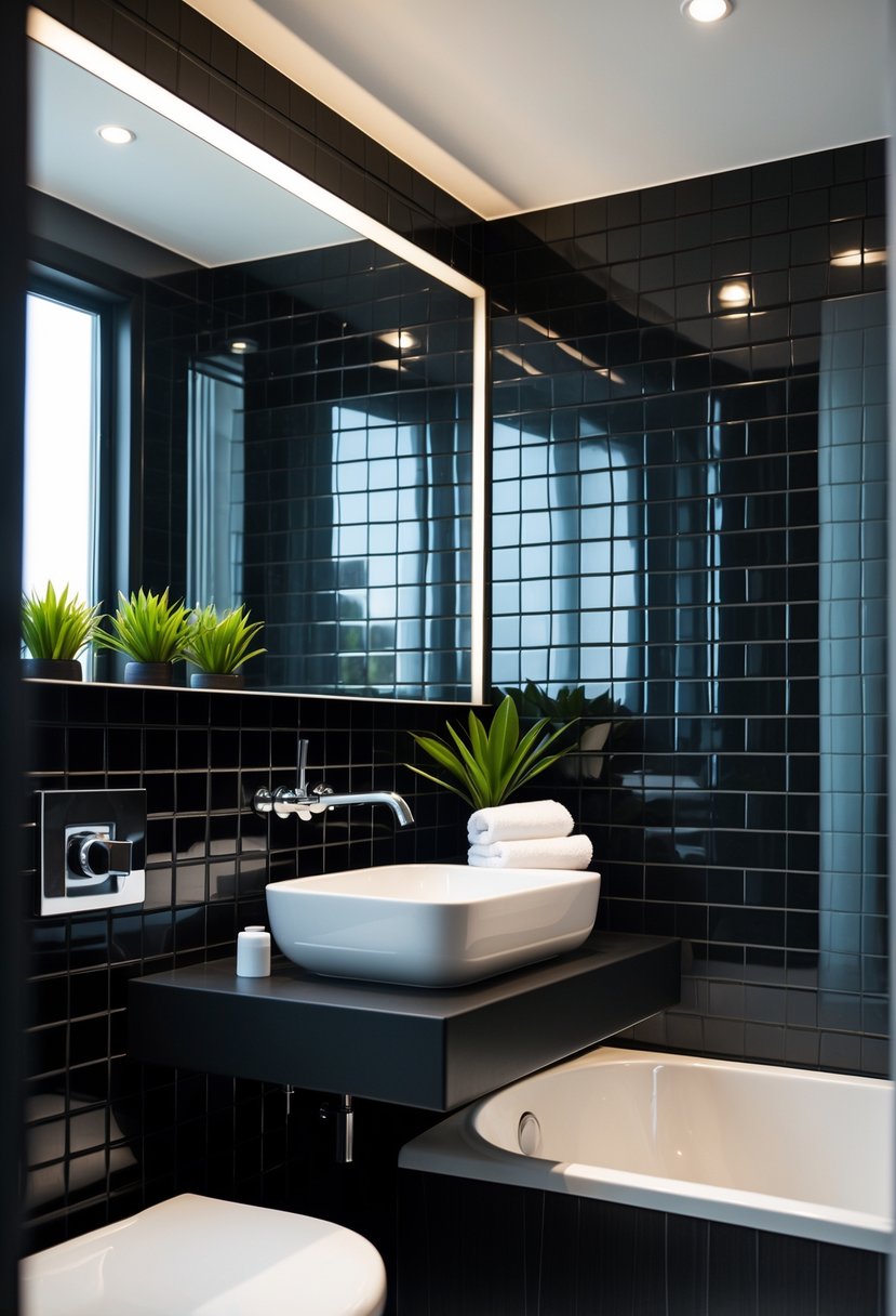 A modern bathroom with black glossy subway tile walls, a white sink with a chrome faucet, a frameless mirror, and a small green plant.