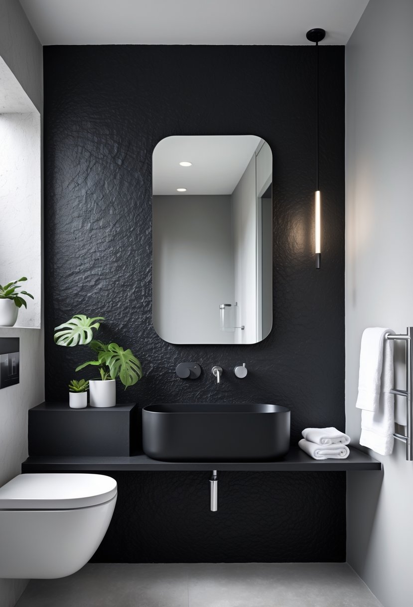 A modern bathroom with a black textured wall, a black countertop basin, a large mirror, and light-colored floors and walls.