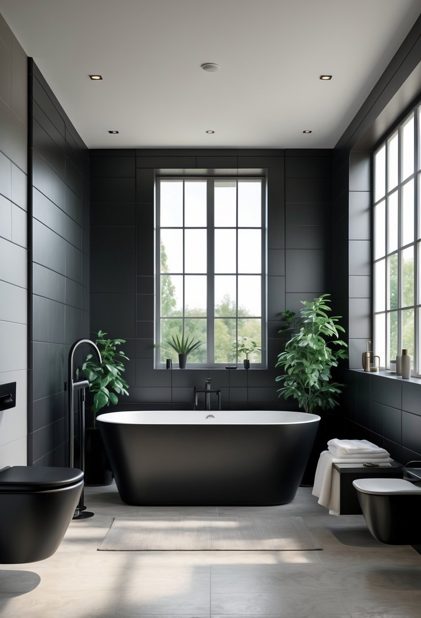 A modern bathroom with a black freestanding bathtub, natural light, dark tiled walls, and green plants nearby.