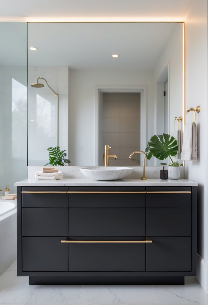 A bathroom with a black vanity featuring gold handles, a white countertop, a gold faucet, and a round sink, with a mirror and plants in the background.