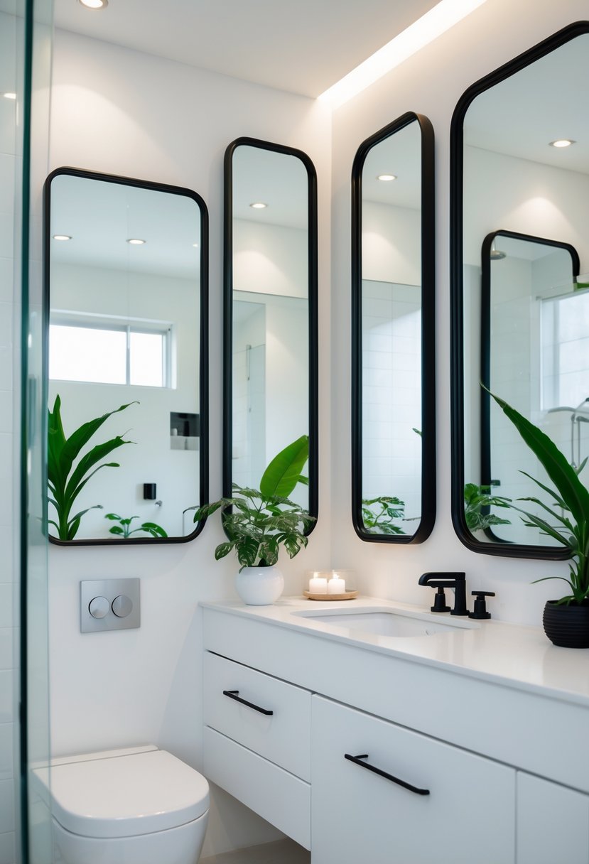 A modern bathroom with several black framed mirrors above a white vanity and black fixtures.