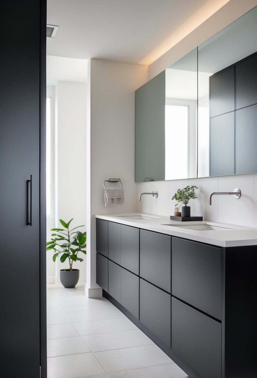 A modern bathroom with black cabinets and a white countertop under a large mirror.