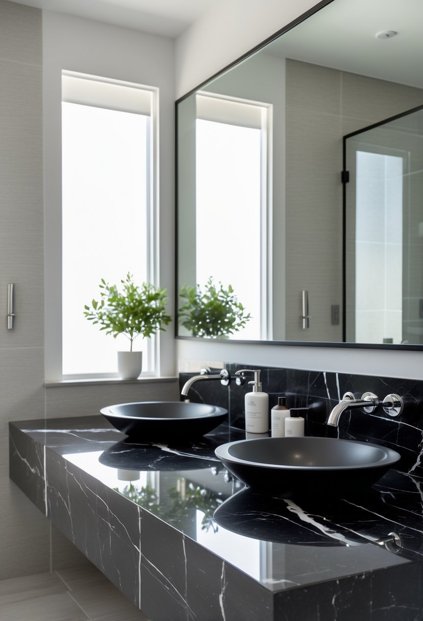 A bathroom with black marble countertops, a large mirror, sinks, and bathroom accessories.